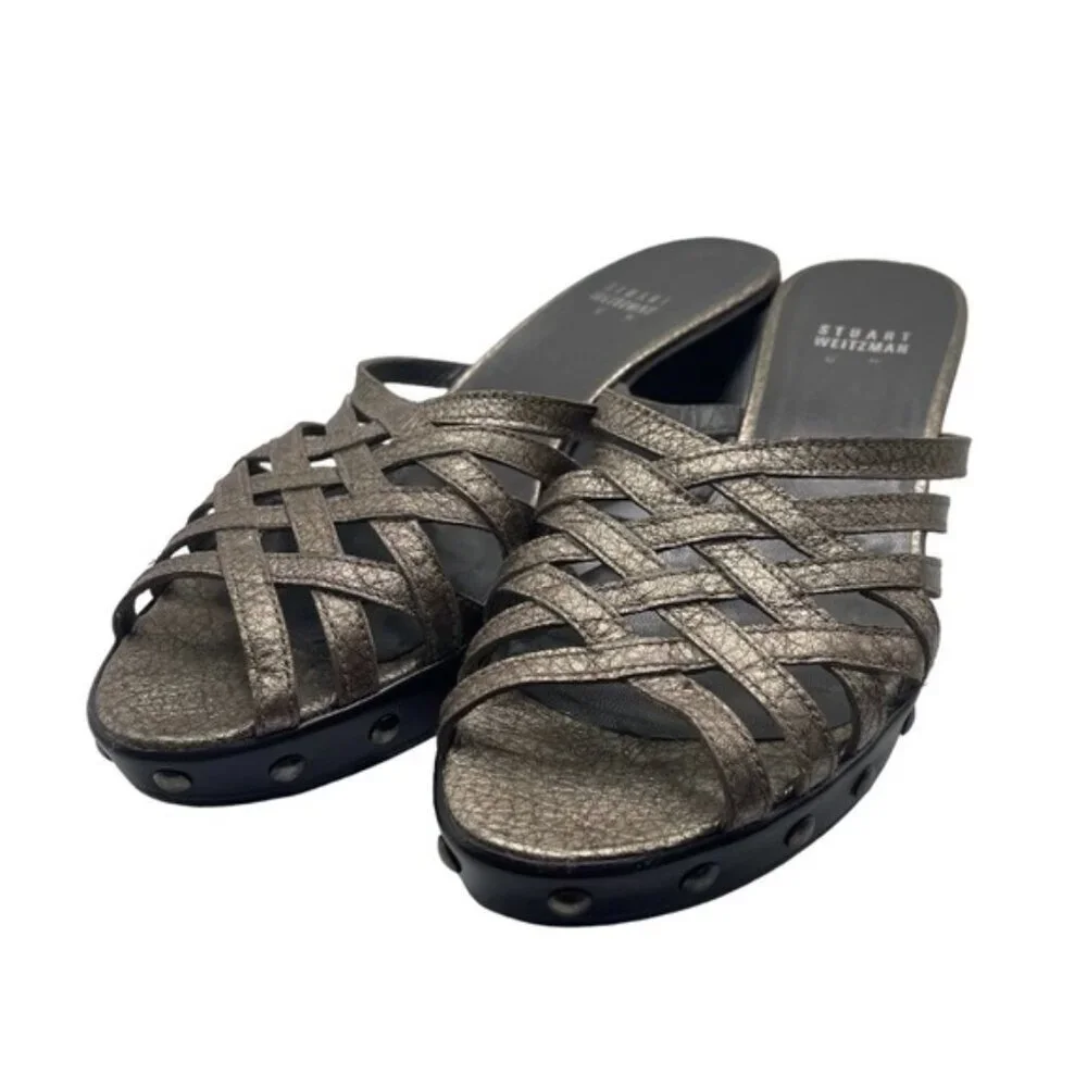 Stuart Weitzman Sandals Women's 8 US Metallic Gold Brown Leather Studded Vintage
